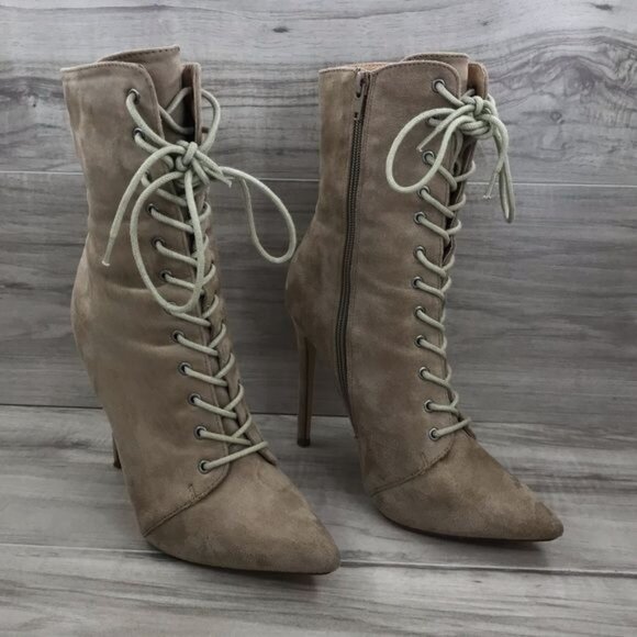 Olivia Ferguson Boots Womens 7.5 Tan Faux Suede Zip Lace Up Stiletto Heels - Picture 3 of 10